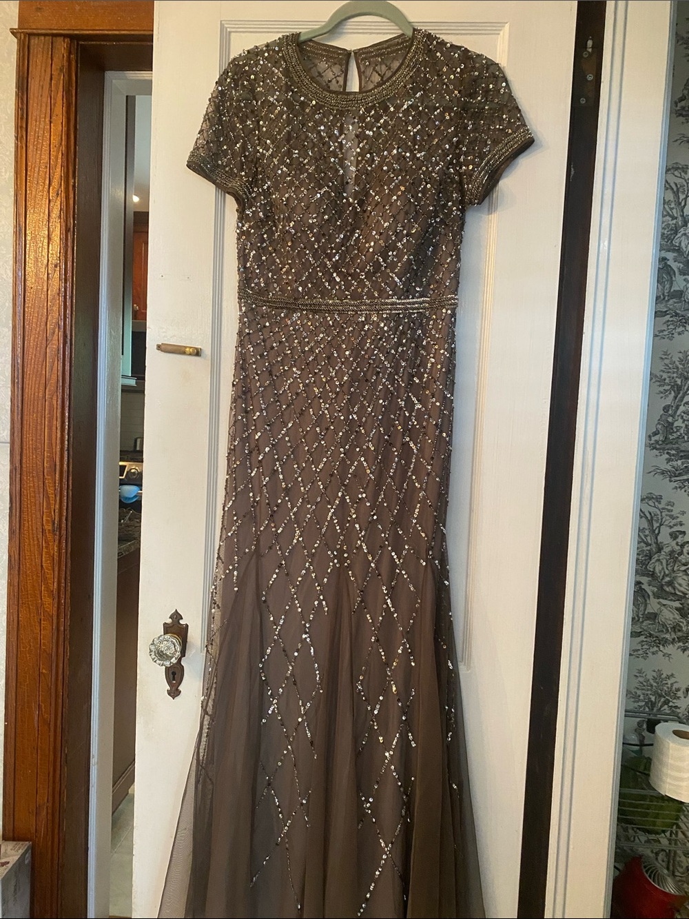 Adrianna Papell Beaded Charcoal MoB Gown Sz 10 - 18" pit to pit x 56"L